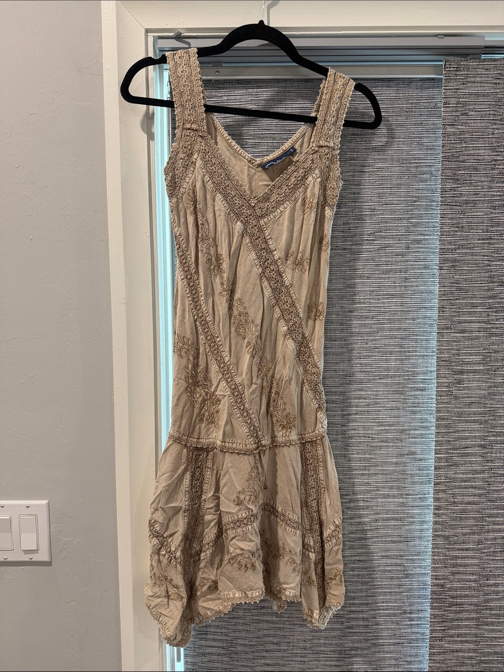 Embroidered Cream Midi Dress with Textured Trim